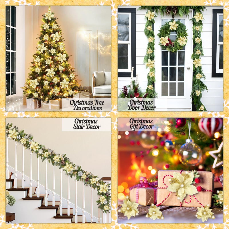 Geefuun 28PCS Christmas Tree Decorations: Poinsettias Artificial Flowers Ornaments Xmas Gold Glitter Flower with Clips - Image 2
